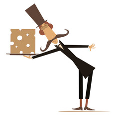 Wall Mural - Man holds a tray with a piece of cheese.
Cartoon long mustache man in the top hat holds a tray with a big slice of cheese. Isolated on white background
