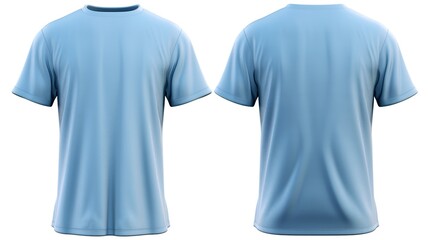 Set of blue tee t-shirt isolated on white background. Front and back view. 3d rendering