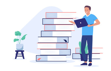 Fototapete - Man with large stack of books - Person holding computer laptop reading, learning and education himself on literature. Flat design vector illustration with white background