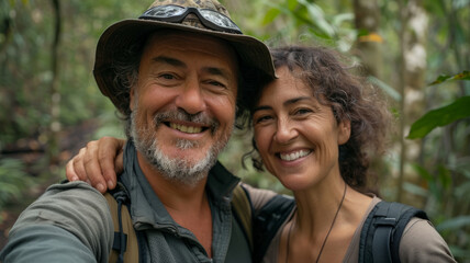 Sticker - An elderly couple smiling and hiking together in nature.