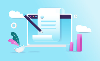 Poster - Digital contract signature - Vector illustration of computer screen with pen signing digital document and agreement on blue background