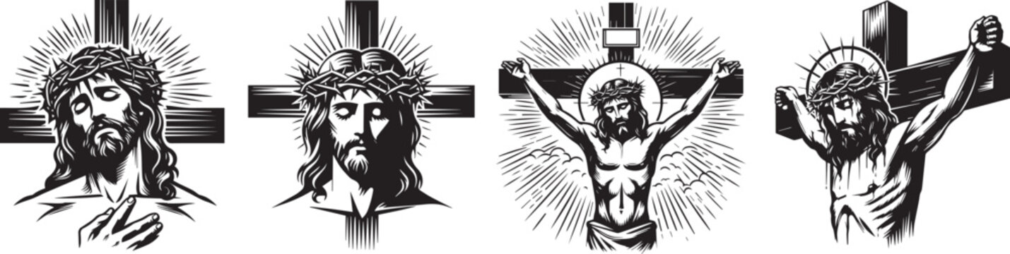 jesus christ on the cross, sacred crucifixion scene, black vector