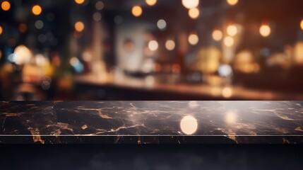 Wall Mural - Modern empty dark marble table top or kitchen island on blurry bokeh kitchen room interior background.