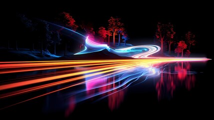 Road light. Curve streak trail line. Fast speed car. Long yellow and red way effect. Glowing street exposure. Blurred motion. Sparkling flow. Vector abstract dynamic dark background