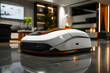 A white robot vacuum cleaner cleans the room.
