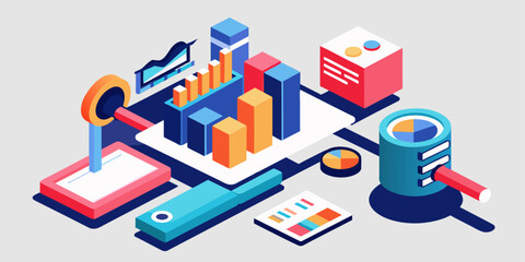 Isometric illustration design concept. Analyze data and search SEO optimization flat illustration design