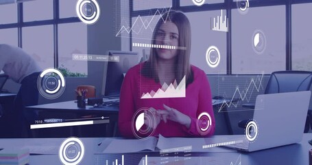 Poster - Animation of financial data processing over caucasian businesswoman using computer