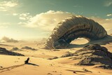 Fototapeta Konie - Huge Sand Worm, Giant Sandworm Raising Up From the Desert Depths, Little Man in Black