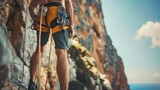 Fototapeta  - Close up of rock climbing equipment on the man with rock on the background