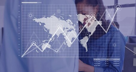 Poster - Animation of world map andata processing over biracial businesswoman using smartphone in office