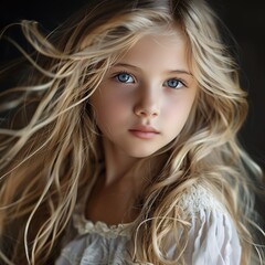 Beautiful girl children close-up long blonde hair