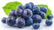 With clipping path. Full depth of field. An isolated dark blue grape with leaves on a white background. Wet fruit.