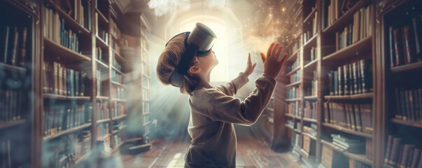 A child in a library wearing a virtual reality headset, amidst a burst of magical particles and rays of light, illustrating the merging of traditional learning with cutting-edge technology