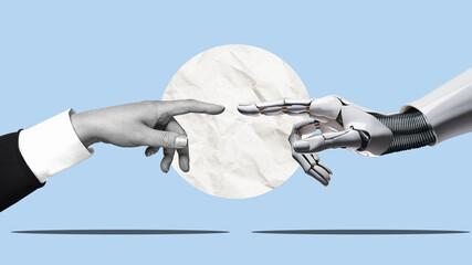 White cyborg robotic hand pointing his finger to human hand with stretched finger - cyber la creation - flat art collage.