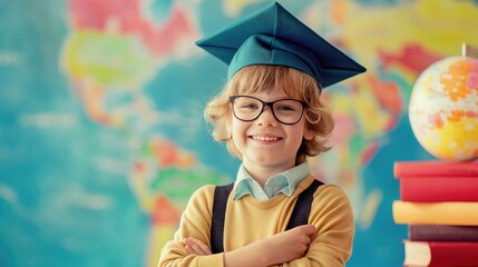 Portrait of a cute little boy in a cap and glasses on the background of a school map. Education, elementary school and people concept