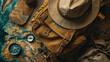 A collection of travel essentials including a backpack, a hat, and a compass, laid out on a rustic map.