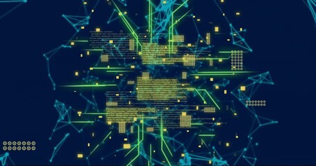 Poster - Animation of data processing and network of connections on black background
