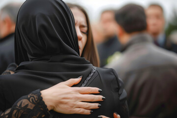 Canvas Print - Funeral support. An attempt to console loved ones during mourning at memorial service. Background with selective focus