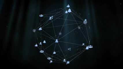 Poster - Animation of globe of connections with social media icons over light trails on black background