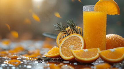 Wall Mural - Refreshing orange juice bursts with tangy citrus flavor, offering a revitalizing sip of sunshine in every glass