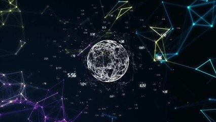 Poster - Animation of globe of connections with data processing on black background