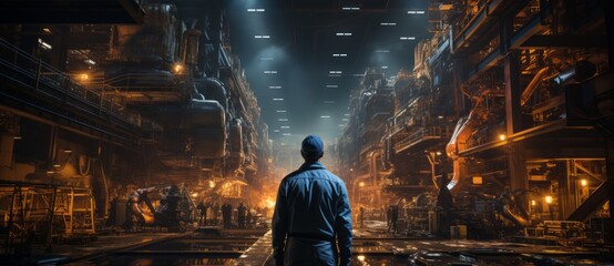 Back view of a engineer or factory worker standing in front of a factory at night.