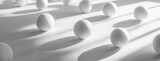 Serene Spheres in Harmony. White spheres in rhythmic pattern on a minimalist backdrop, casting soft shadows.
