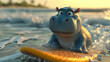 A concept of travel and relaxation featuring an adorable and joyful cartoon rhinoceros enjoying surfing