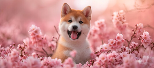 Wall Mural - cute happy Akita dog on the sakura blossom background, spring time, pink flowers