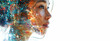 AI-interpreted portrait, woman's face, abstract digital landscape, left side, reality, digital art, unique fusion, form, technology, White Space right, avant-garde look, digital portrait, reality blur