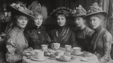 Fototapeta Uliczki - Group photo of women in hats in cafe, vintage photo 1880, 19th century fashion and life style