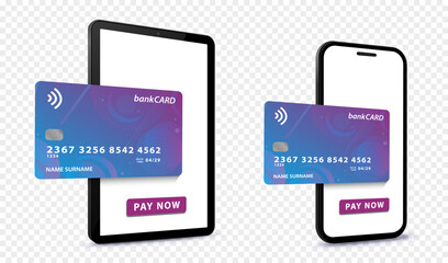 Poster - Tablet PC and Mobile Phone with Credit Card. Digital payment service for online shopping. Vector illustrations on transparent background.