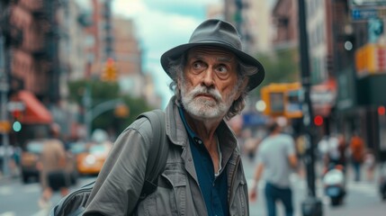 Canvas Print - An older man with a hat and beard walking down a city street. Generative AI.