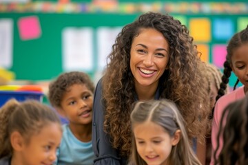 Wall Mural - A teacher with children in a classroom. Generative AI.