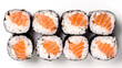Top view of  eight pieces of salmon sushi maki on a white background