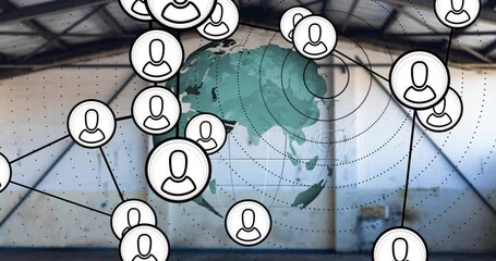 Poster - Animation of data processing and network of connections with icons over globe