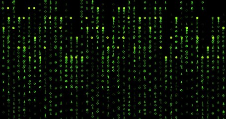 Animation of binary coding digital data processing over black background
