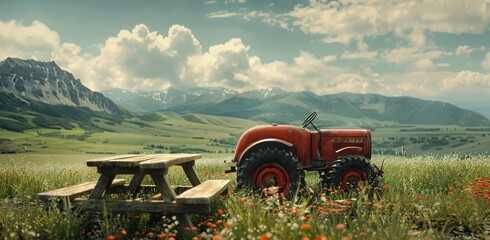 Sticker - a tractor in the field and a wooden table
