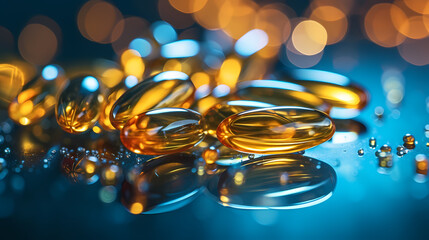 Close up of yellow fish oil or capsules, vitamin capsules and dietary supplements