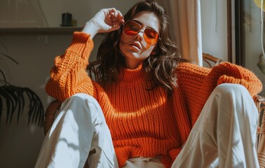 Wall Mural - A woman sitting on a chair in an orange sweater and white pants