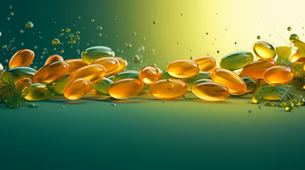 Close up of yellow fish oil or capsules, vitamin capsules and dietary supplements