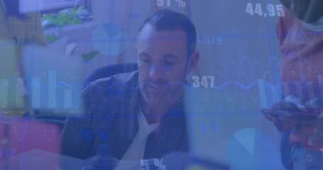 Poster - Animation of charts and data processing over diverse colleagues talking at casual office