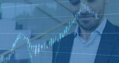 Poster - Animation of chart and data processing over happy caucasian bsuinessman using smartphone