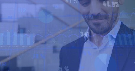 Poster - Animation of financial data processing over caucasian businessman using smartphone in office