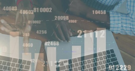 Poster - Animation of graph and data processing over hands of diverse colleagues using laptops