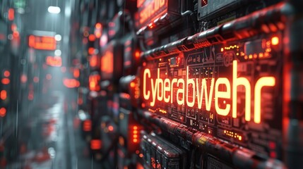 Cybersecurity Monitor Displaying Digital Firewall Letters with Text_Cyberabwehr Generative AI