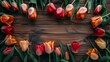 Vibrant Tulips Adorning Rustic Wooden Frame Generative AI