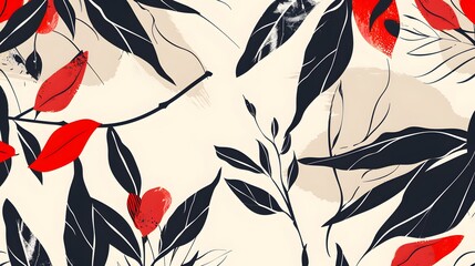 Wall Mural - Abstract botanical art background vector. Natural hand drawn pattern design with leaves branch, flower. Simple contemporary style illustrated Design for fabric, print, cover, banner, wallpaper.