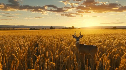 Sticker - a deer standing in the middle of a field of tall grass with the sun setting in the distance behind it.