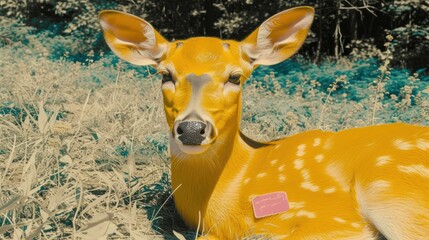 Sticker - a close up of a deer laying in a field of grass with a post it on it's ear.